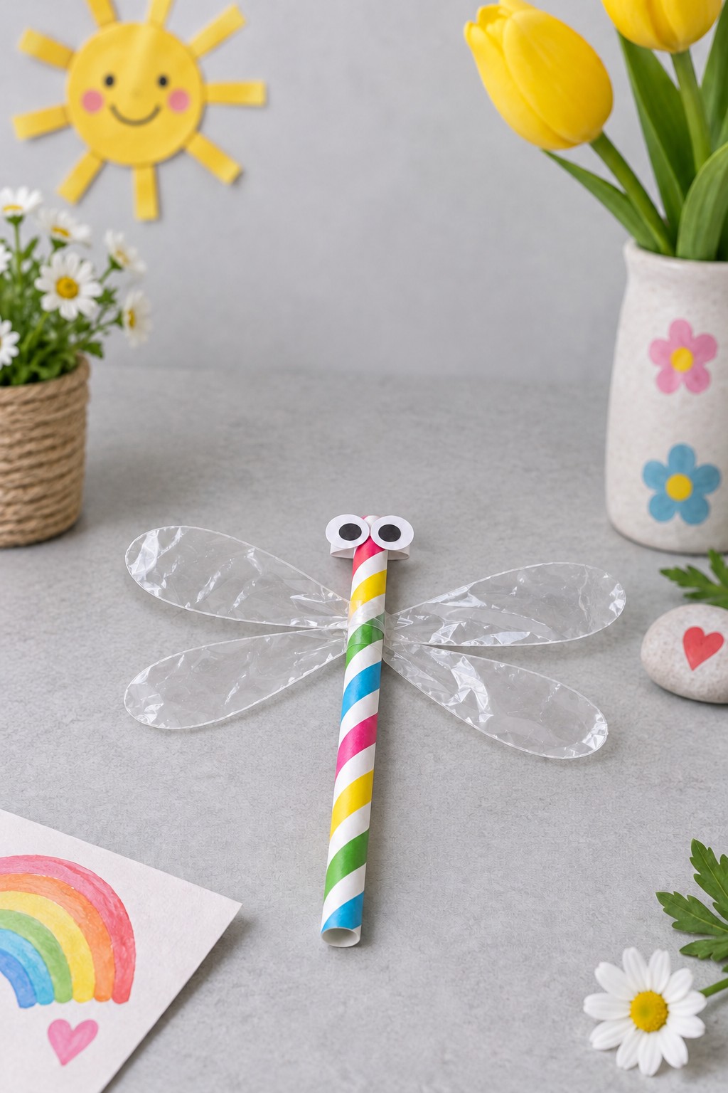 Dragonfly made from a colorful striped paper straw with four clear packaging wings and two paper eyes