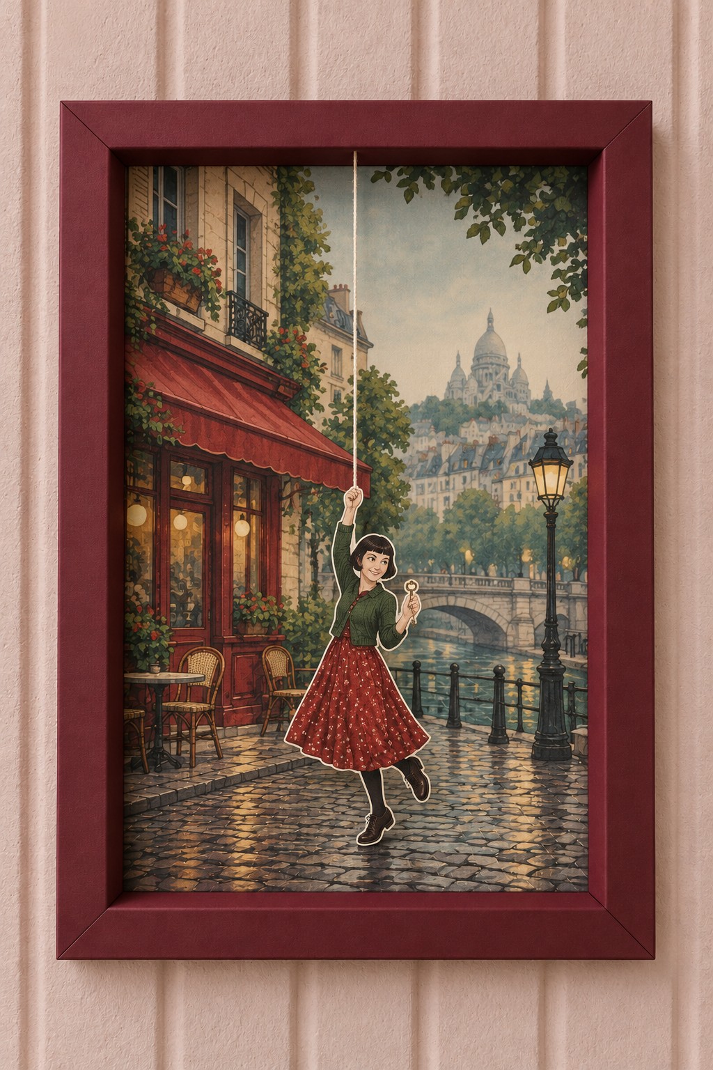 Burgundy paper frame with a suspended girl in a red skirt over a Parisian café and riverside scene