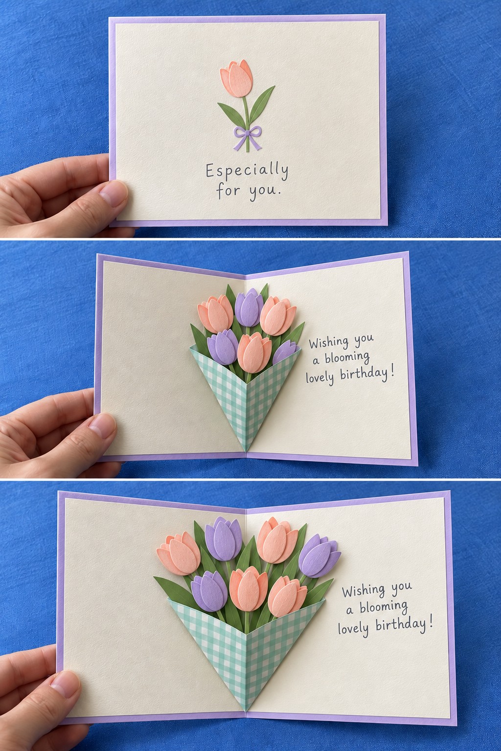 Three views of a lavender birthday card opening to reveal pastel tulips in a mint gingham paper wrapper