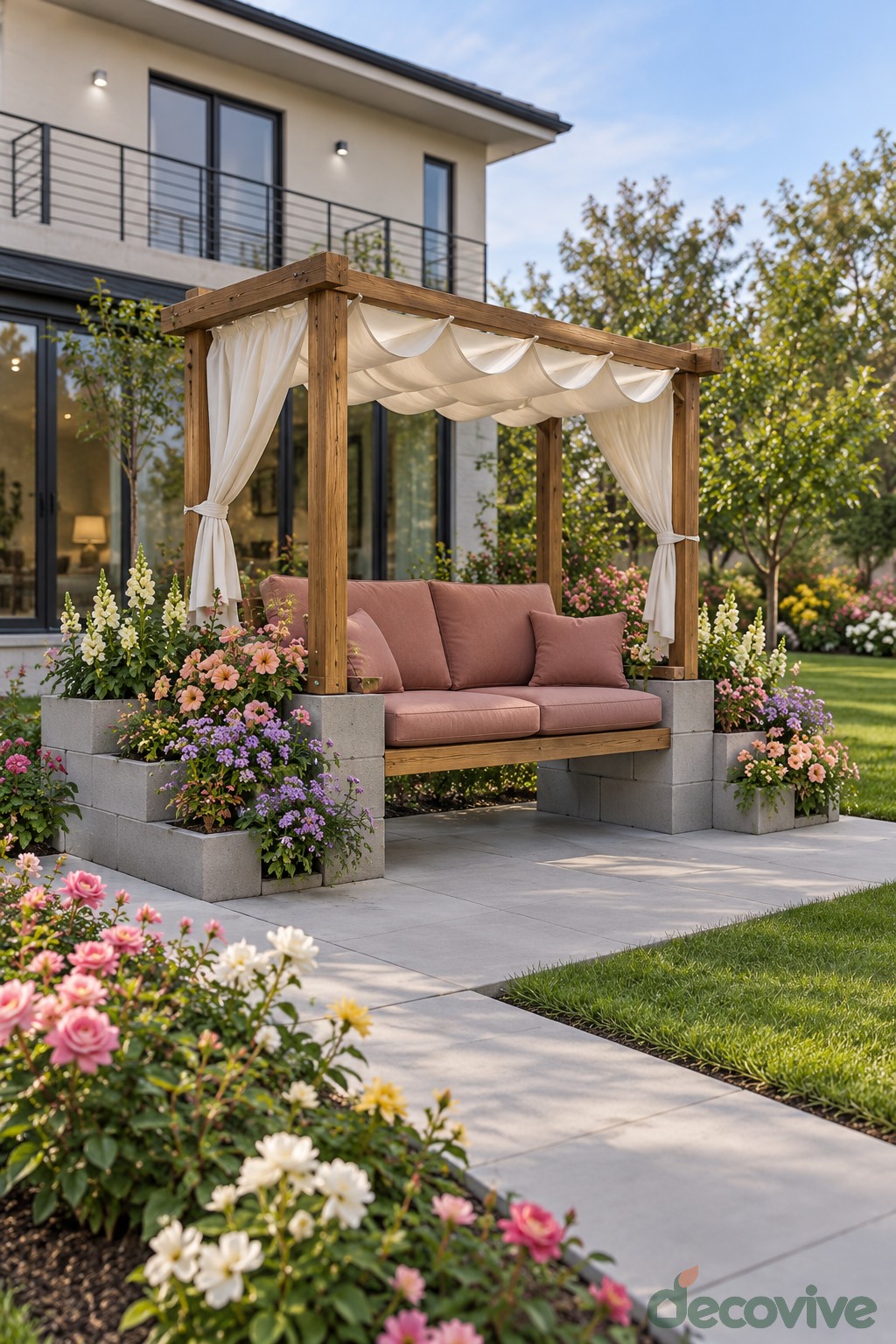 Timber garden canopy with cream curtains a pink cushioned bench and block planter corners