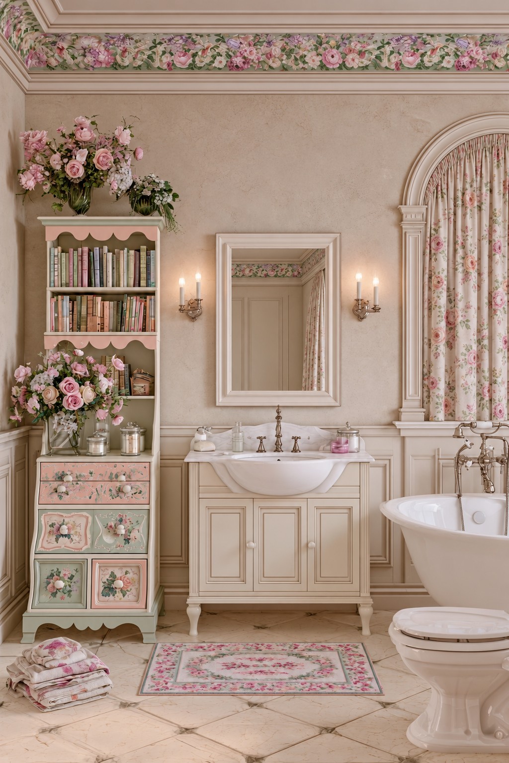 Tall pastel cabinet with open book shelves and floral drawer fronts beside a cream basin vanity