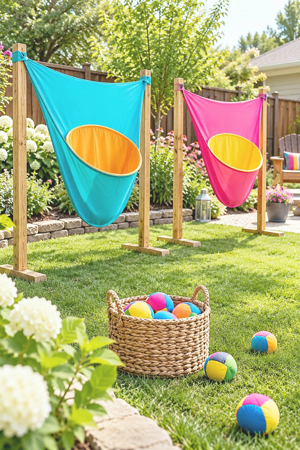Turquoise and pink fabric catch pockets with yellow rims and soft multicolored balls