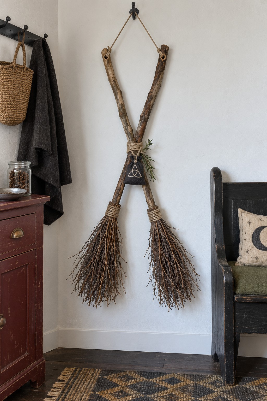 Two large rustic twig brooms crossed on a white wall with a small black pouch and herb sprig at the intersection