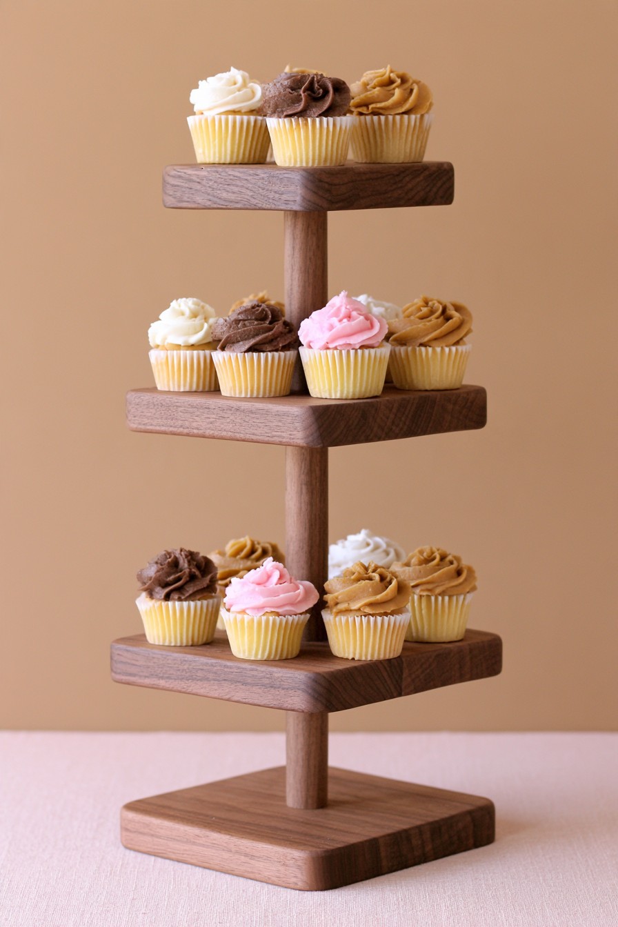 Natural wood floating tier cupcake stand on a dessert table