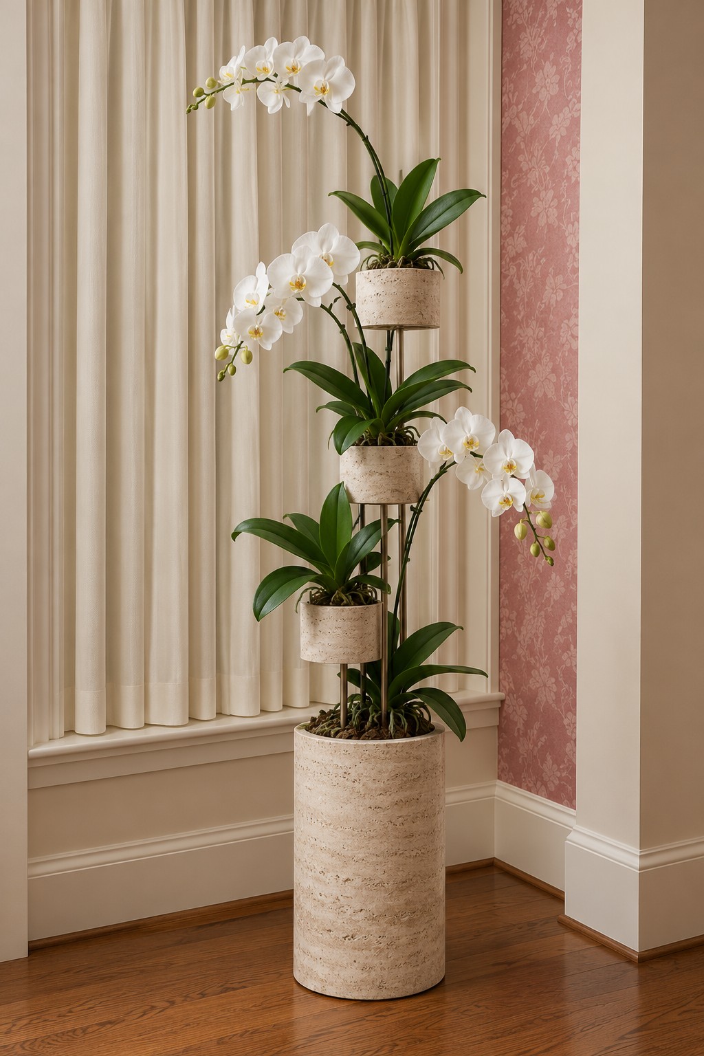 Tall rope wrapped cylindrical base supporting white orchids at staggered heights