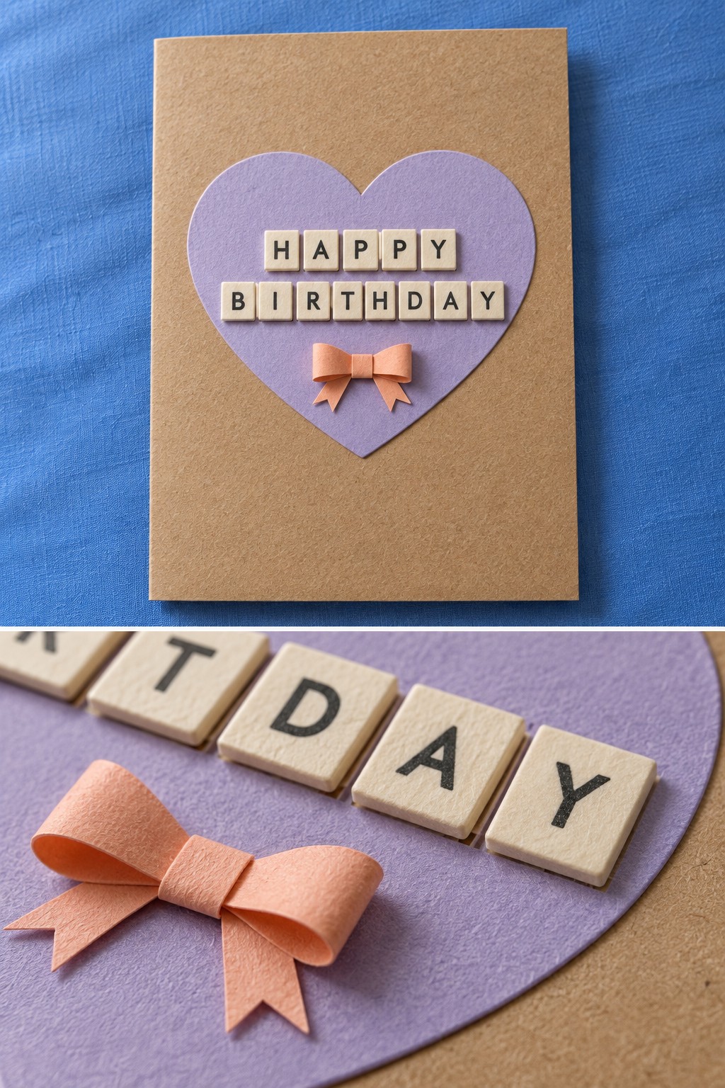 Kraft birthday card with a lavender heart, wooden letter tiles, and a peach paper bow shown in close detail