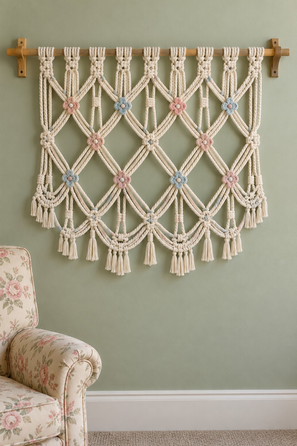 Cream knotted macrame wall hanging with pink and blue flower details on a wooden rod against sage paint