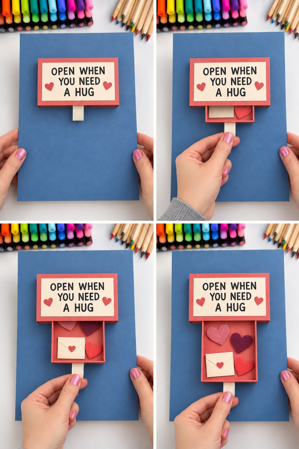 Four views of a coral paper drawer pulled down from beneath an Open When You Need a Hug sign on a blue poster