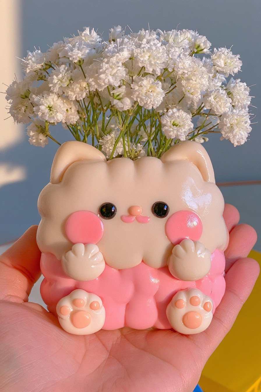 Cream cat face and pink front with raised paws beneath delicate white flowers