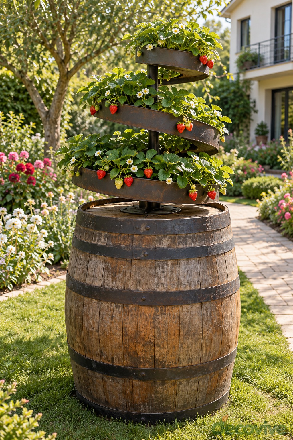 A Spiral Strawberry Tower Above a Whole Barrel