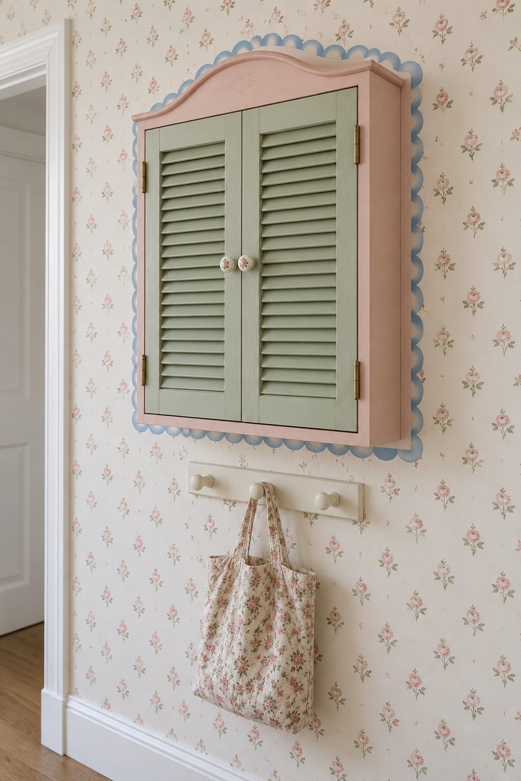 Sage shuttered wall cabinet with a curved pink surround, blue scalloped trim, and a peg rail below