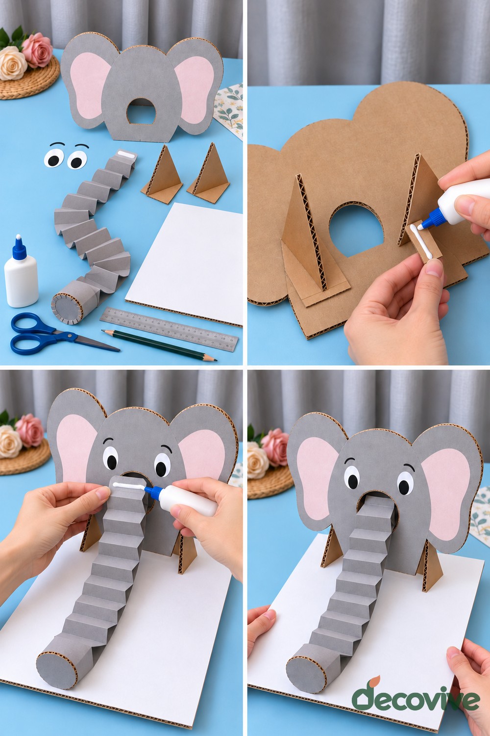 Making sequence for a standing cardboard elephant with an accordion trunk