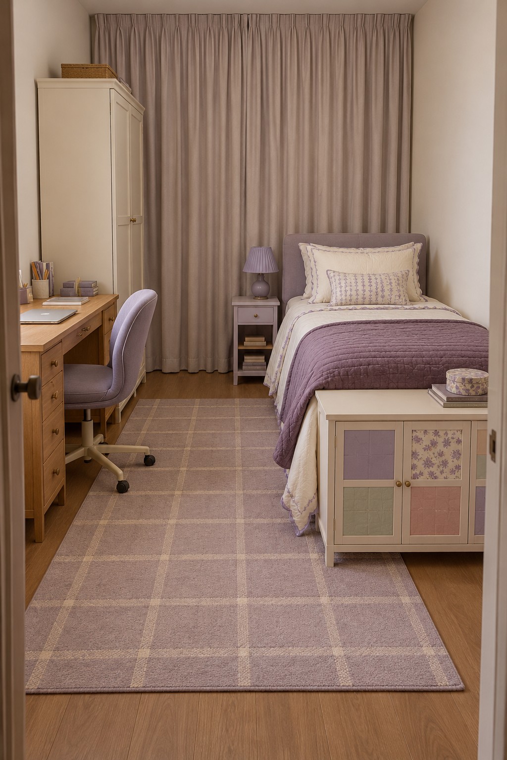 A lavender single bed, checked lilac rug, cream wardrobe, and low cabinet with pastel decorative panels