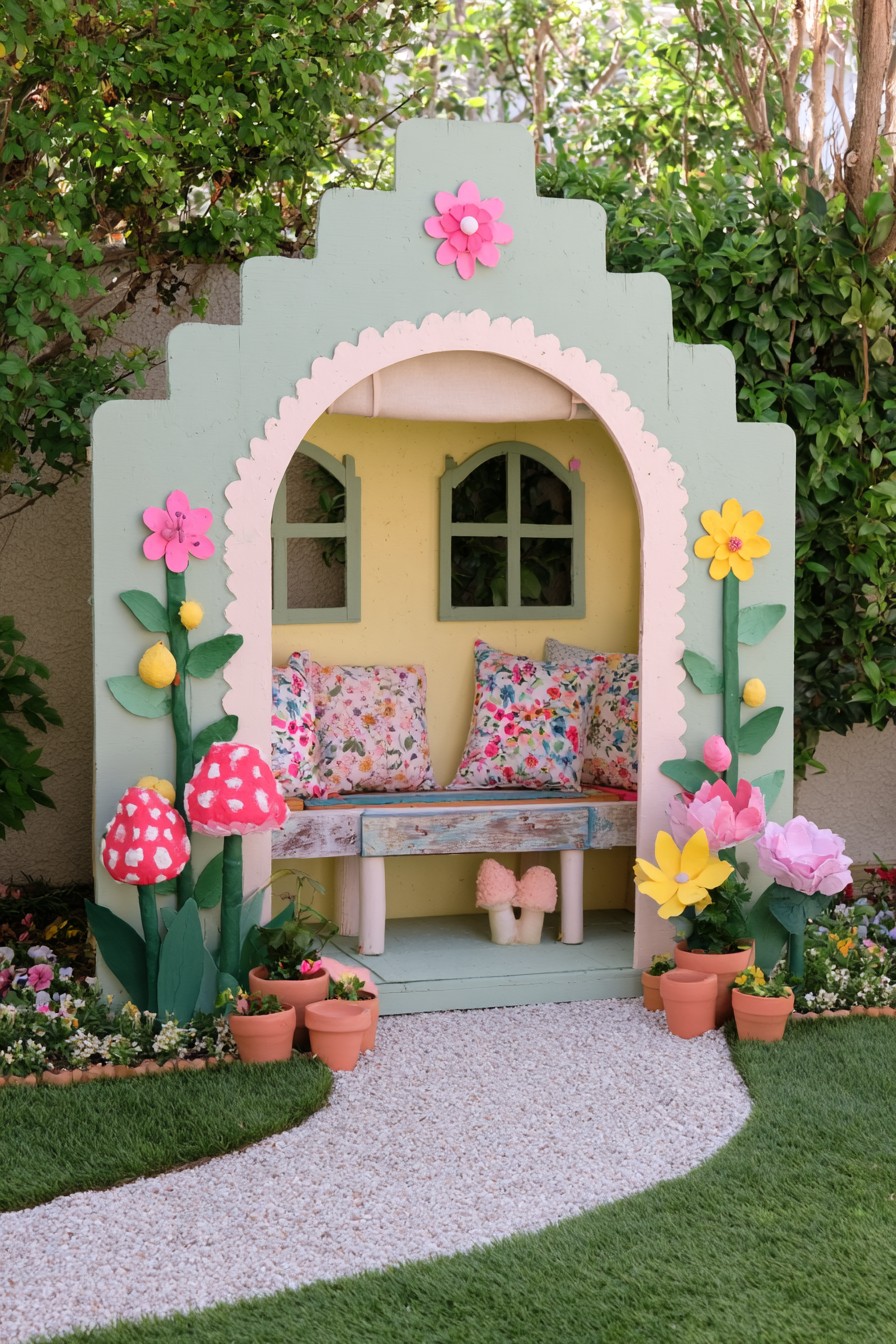 Sage storybook facade with a pink arch, floral cushions, and mushroom decorations