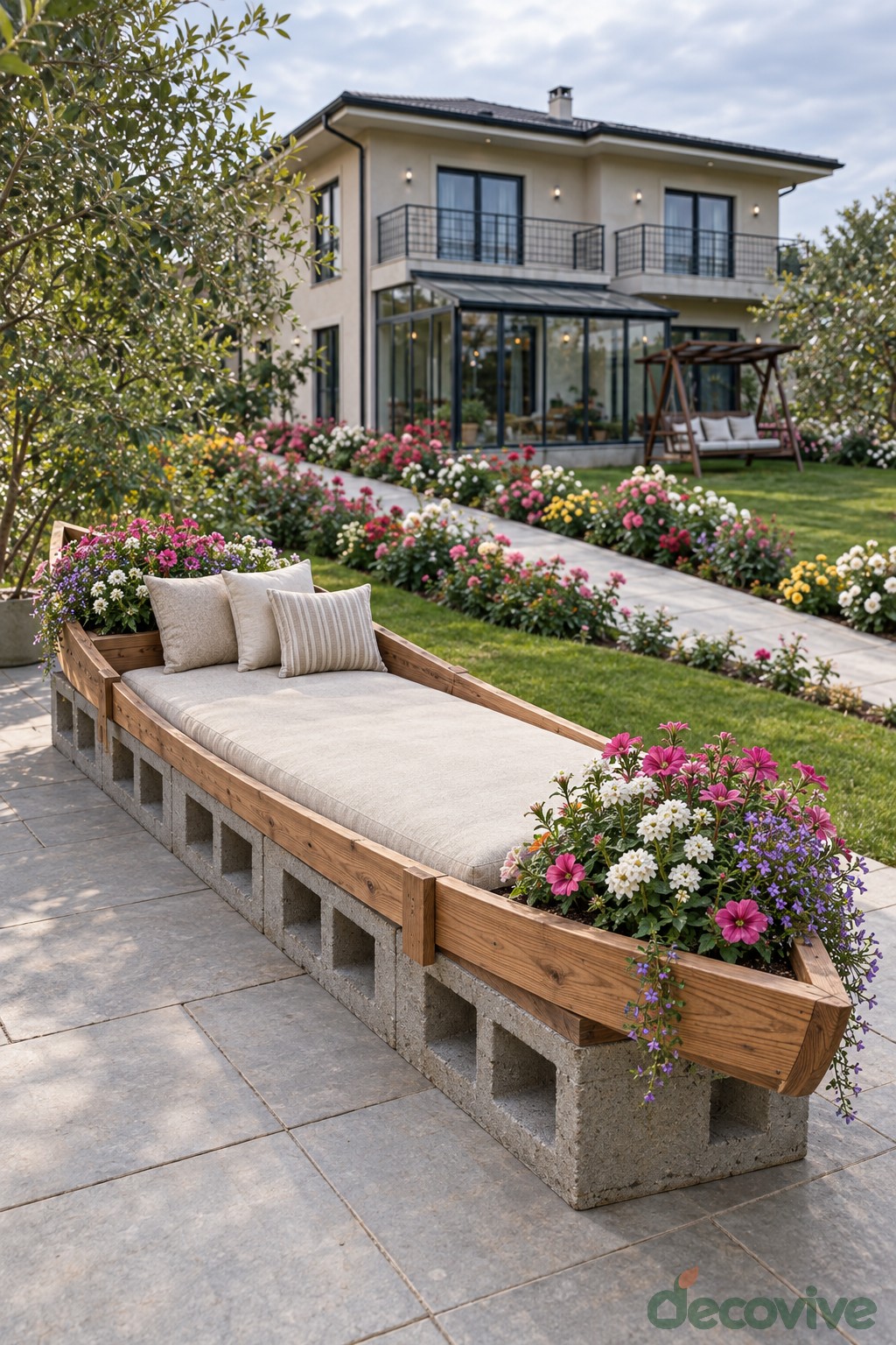Long cream cushioned daybed with concrete supports and pointed wooden end planters