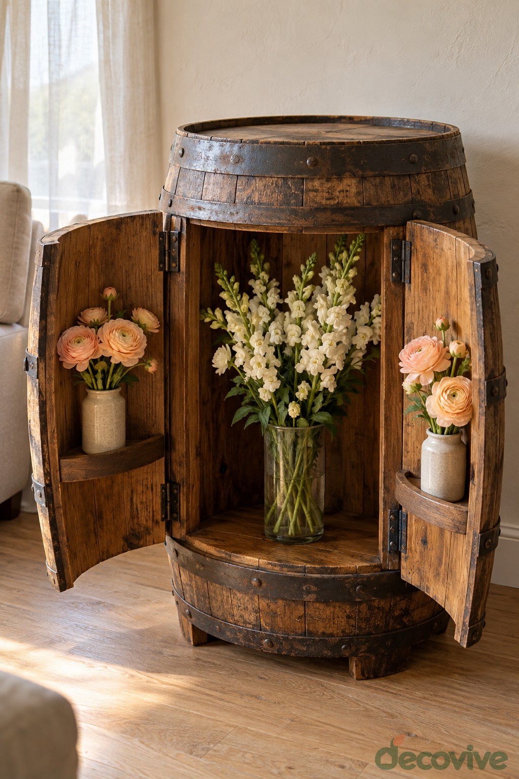 A Flower Display Cabinet with Curved Doors