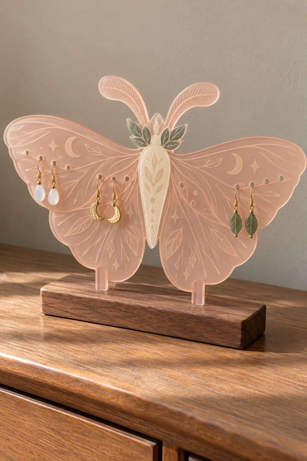 Peach acrylic moth earring display with engraved wings and a walnut slot base