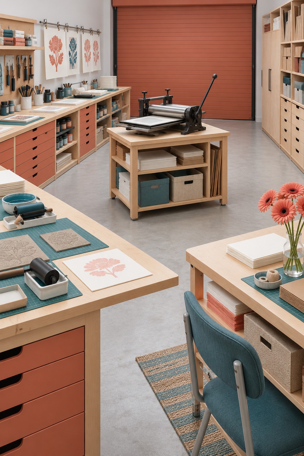 Garage printmaking studio with terracotta drawers, a roller press on a central bench, carving stations, and paper racks