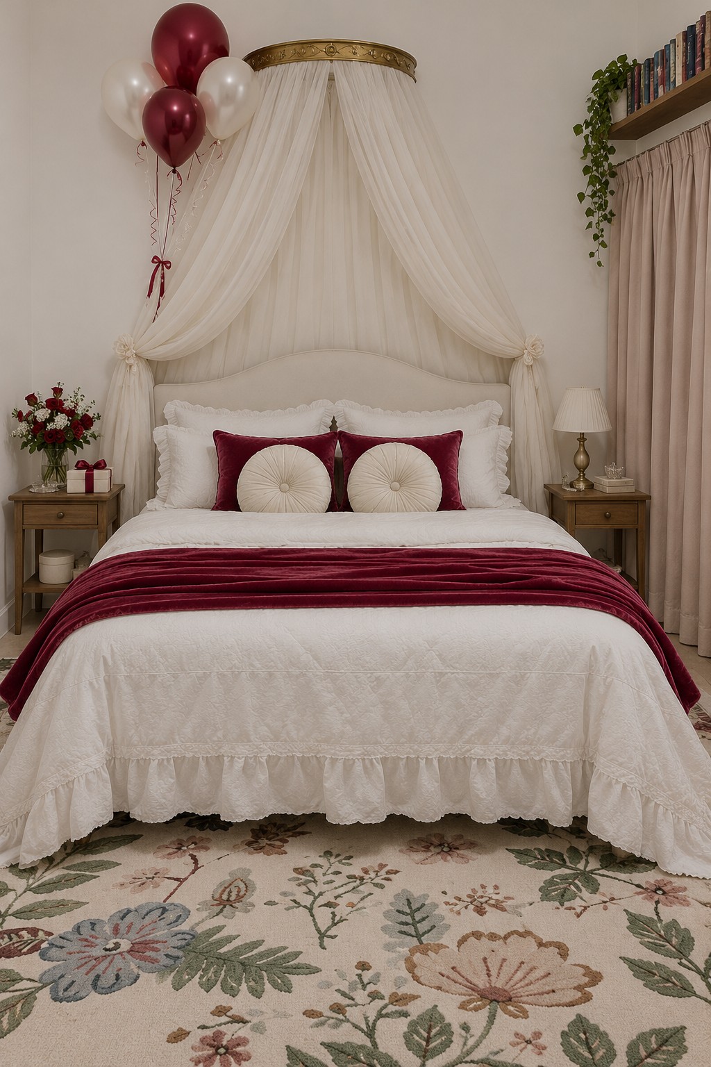 Cream bed beneath a gold crown canopy with white drapes, wine red bedding accents, and round ivory cushions