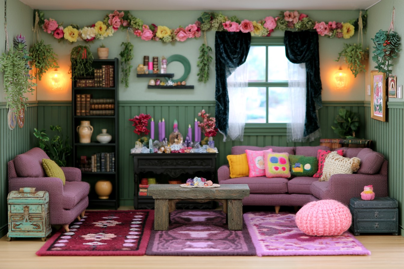 Plum sofa and armchair in a green room with three adjacent rugs, a rustic table, and a pink knitted pouf