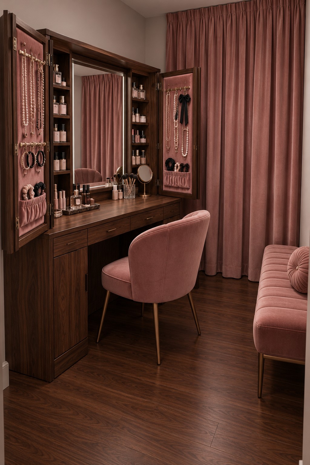Walnut dressing cabinet with open jewelry doors, dusty rose lining, pink chair, and matching curtains