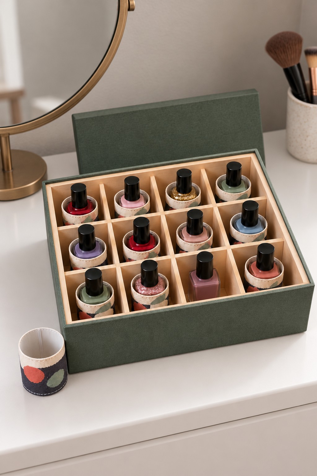 Dark green lidded box with twelve divided nail polish spaces and individual fabric bottle sleeves