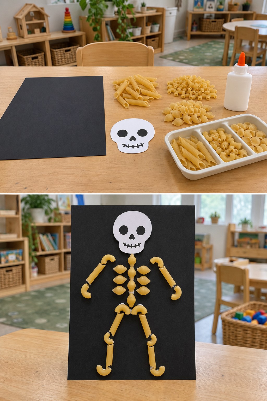 Dry pasta and a paper skull above a skeleton collage on black cardstock