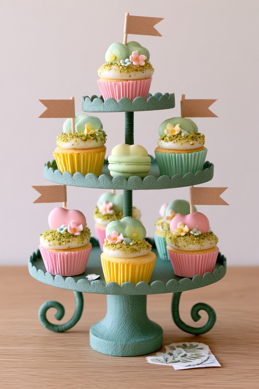 Sage tiered cupcake stand with a broad central base and separate decorative side curls