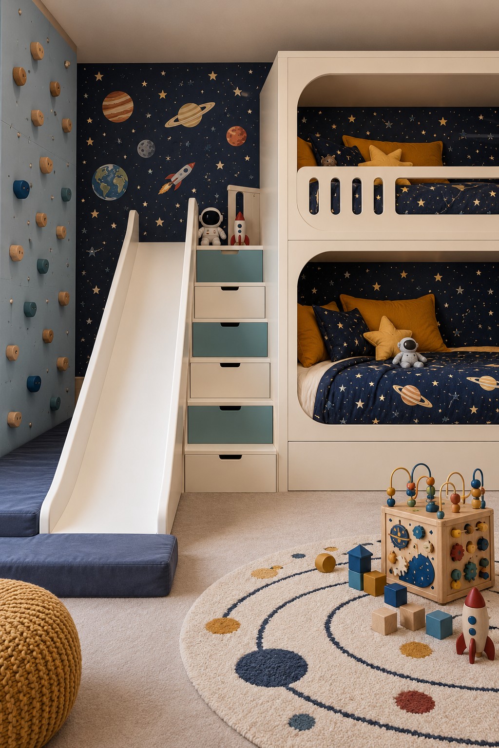 Cream space themed bunk bed with planet wallpaper, blue and cream storage stairs, pale slide, and adjacent climbing holds