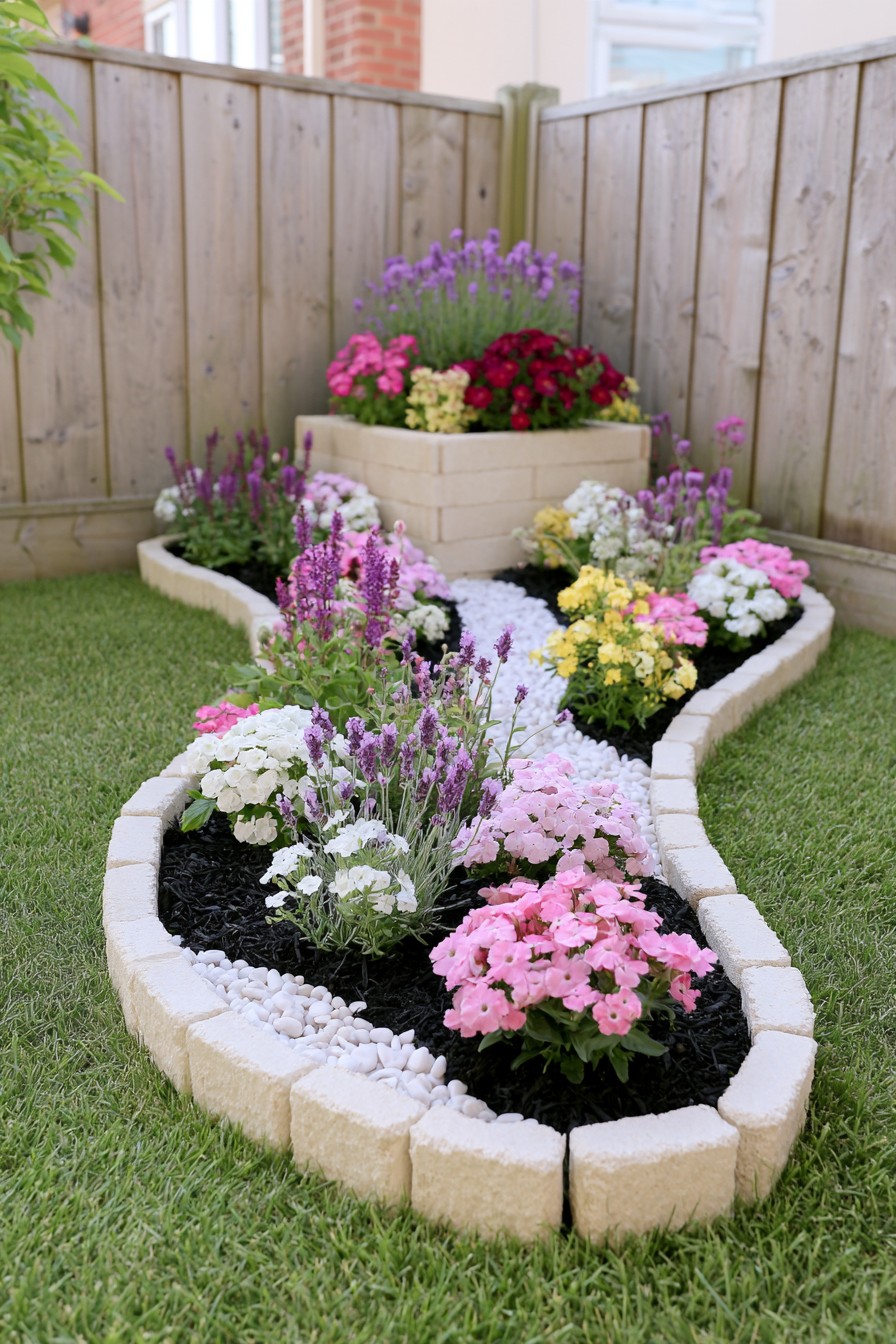 Curving ribbon-shaped flower bed with pale edging and a raised planter at the back