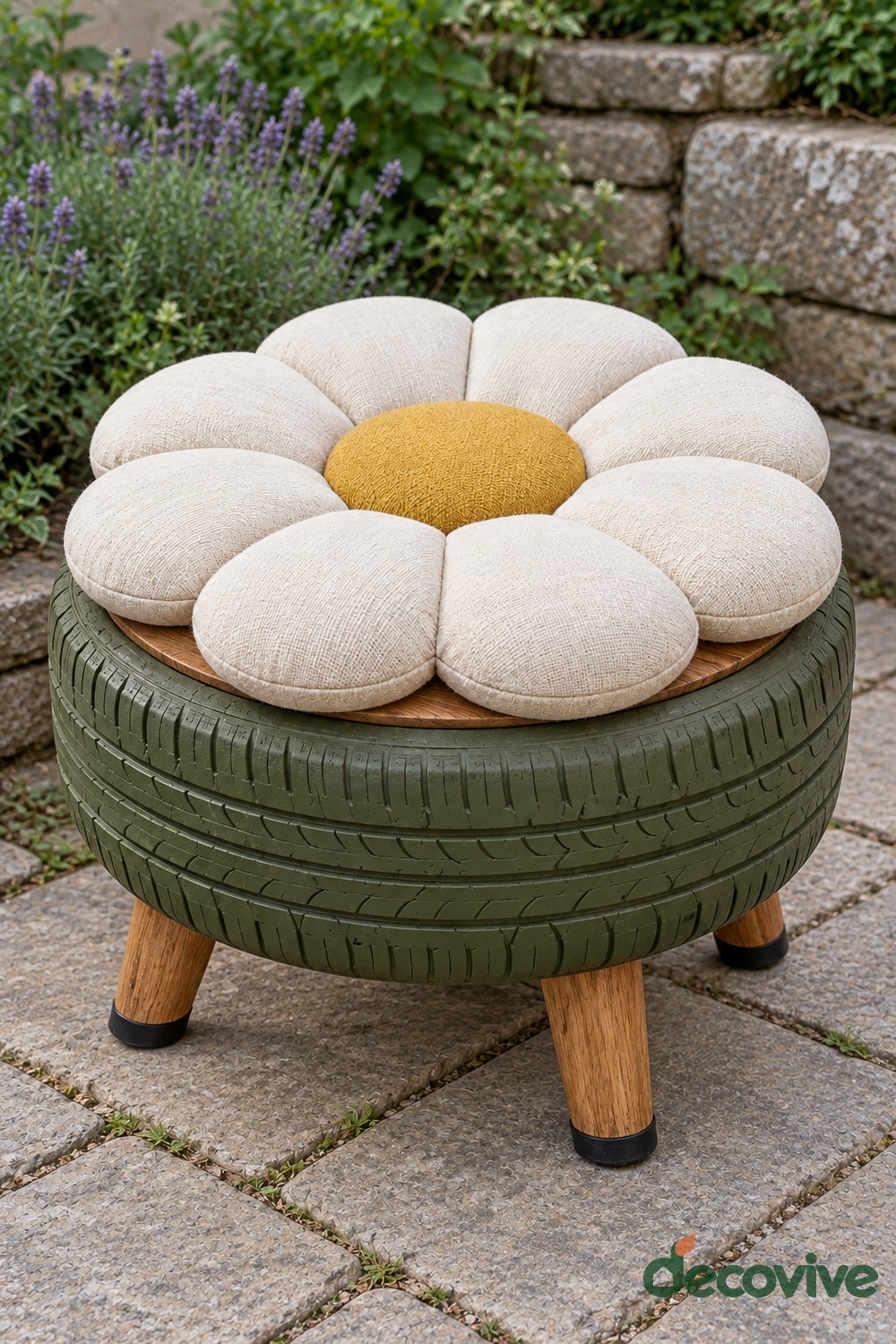 Olive green tire footstool with short wooden legs and a cushion of cream daisy petals around a mustard yellow center