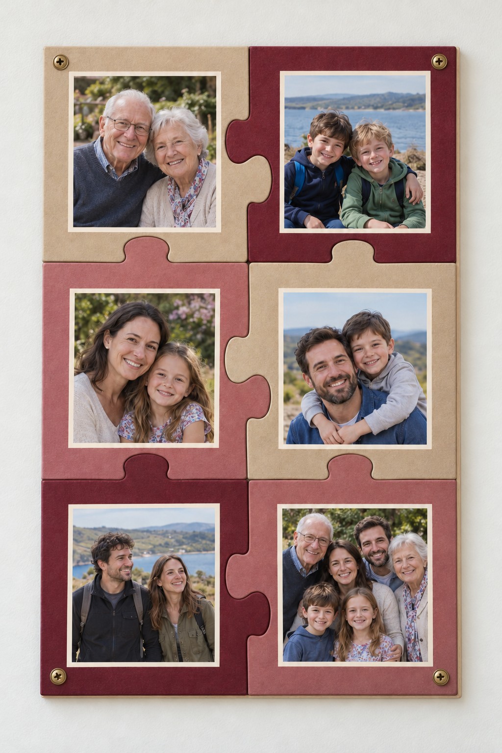 Six cream and burgundy jigsaw shaped photo panels joined into a rectangular wall display