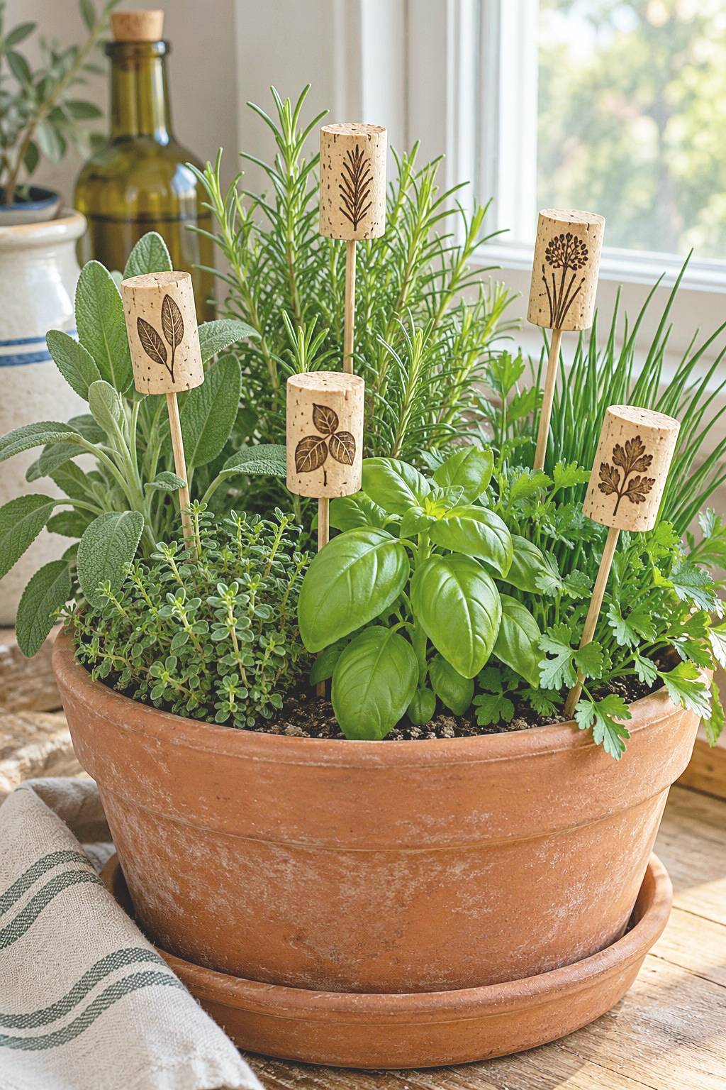 Corks with plant drawings on sticks among potted herbs