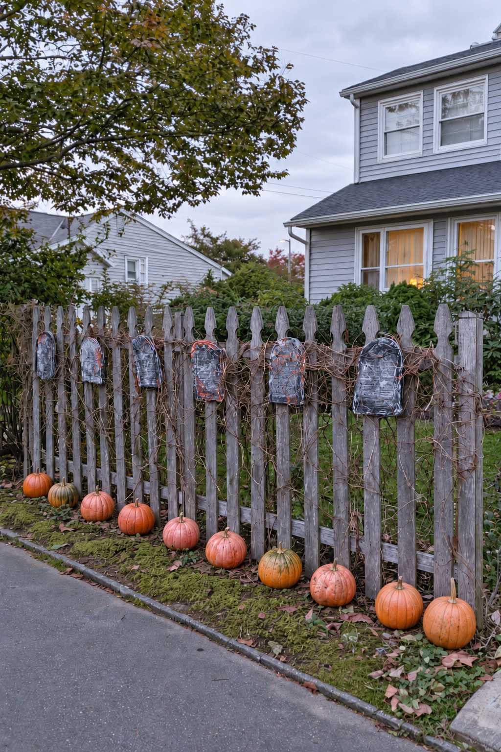 Weathered picket fence with small tombstone plaques, tangled vines and a line of orange pumpkins