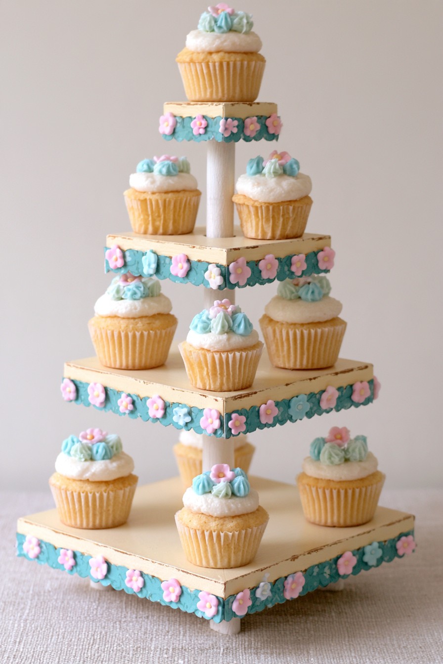 Blue floral vintage cupcake stand on a dessert table