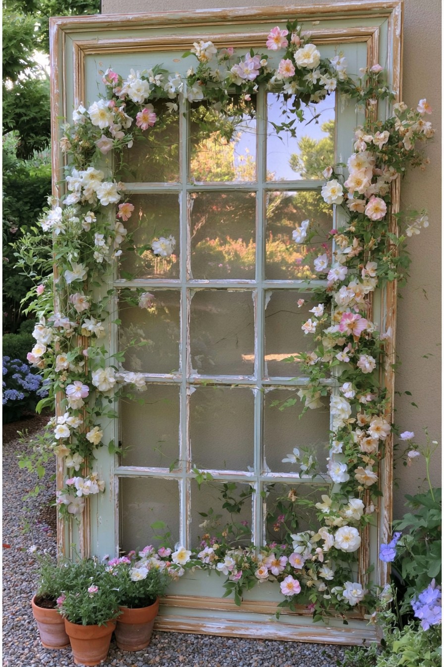 Tall glass paned old window decorated with flowers around its frame in a garden