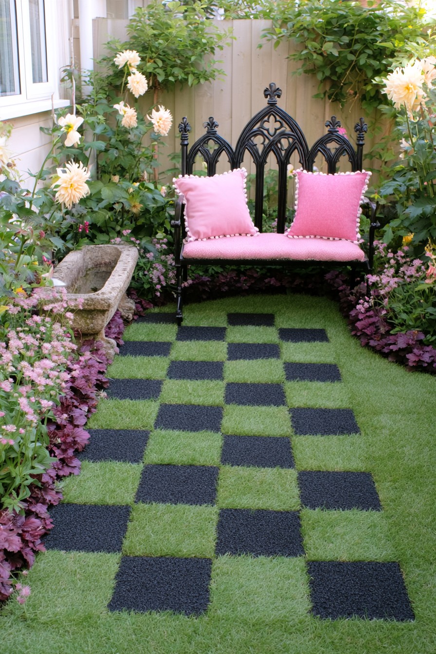 Dark and green checkerboard garden floor leading to a cathedral-style bench