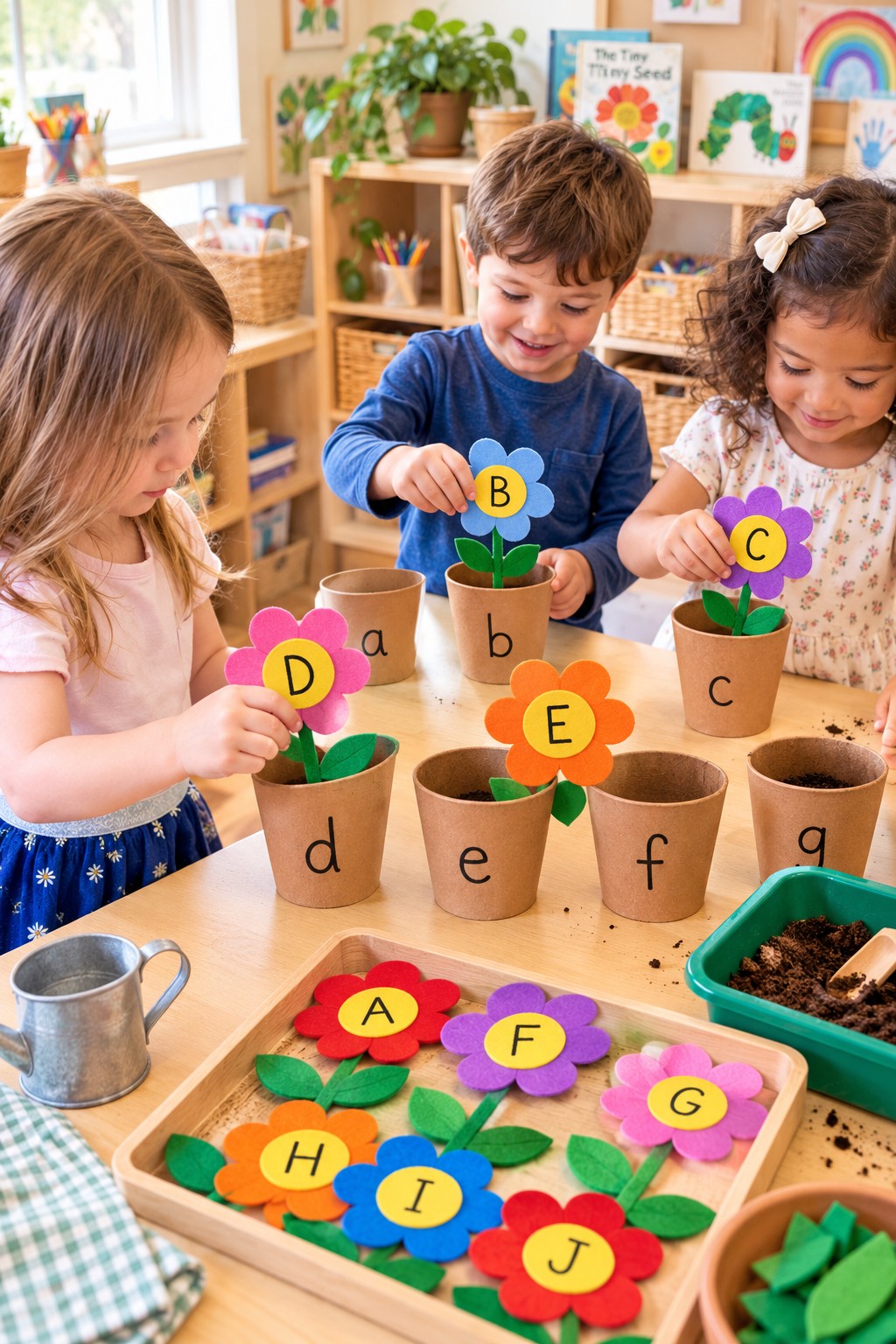 Uppercase flower letters paired with lowercase pot labels