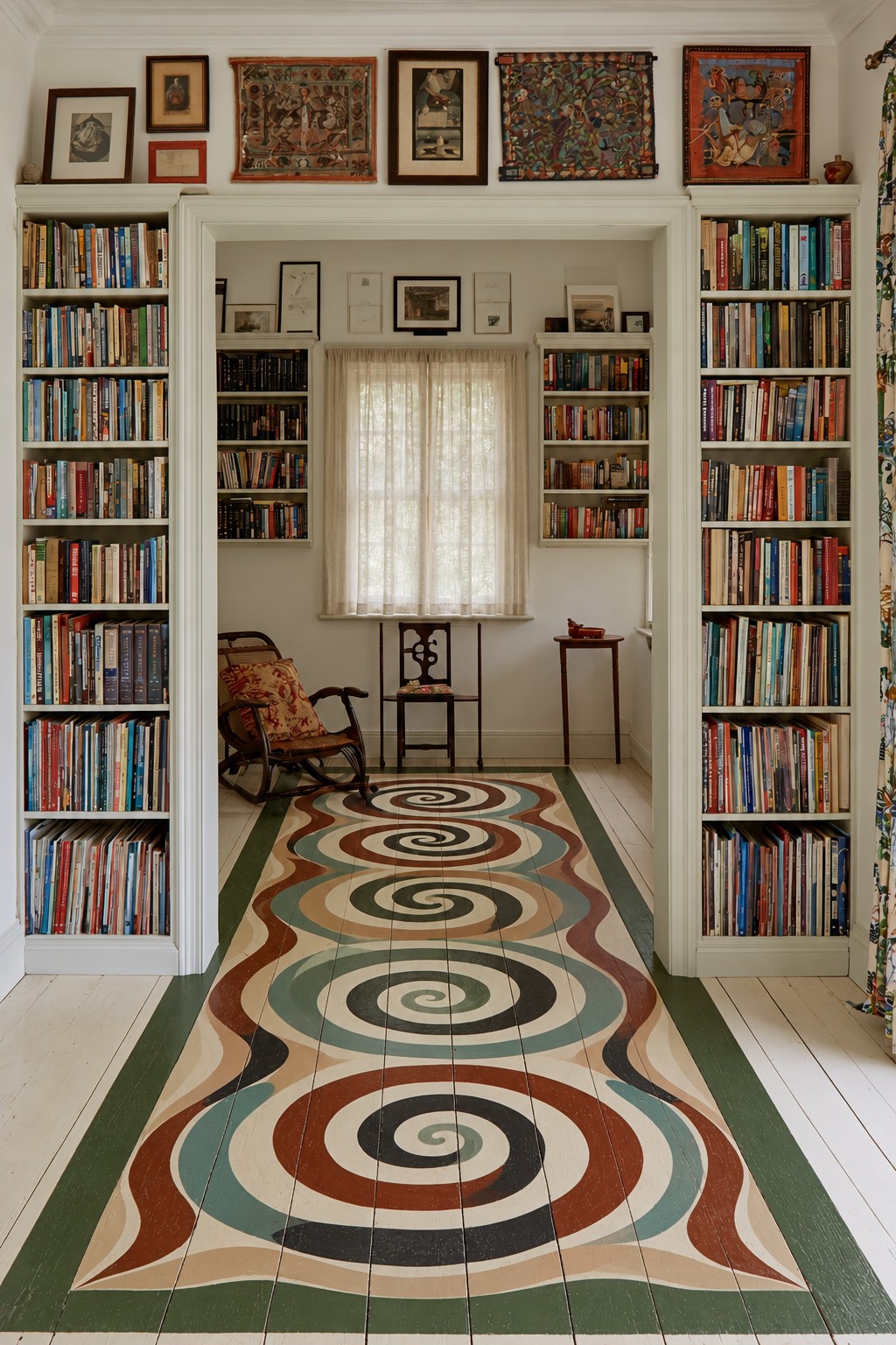 Long painted runner with repeated cream, charcoal, rust, and teal spirals framed by green edges