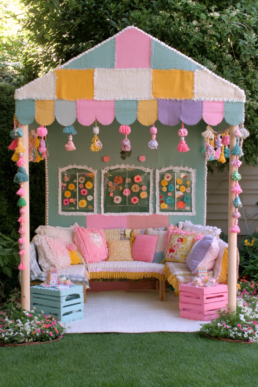 Pastel patchwork-style canopy with tassels, floral wall panels, and cushioned benches