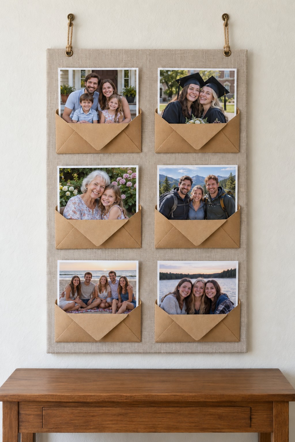 Six kraft envelope photo pockets arranged in two columns on a linen wall panel