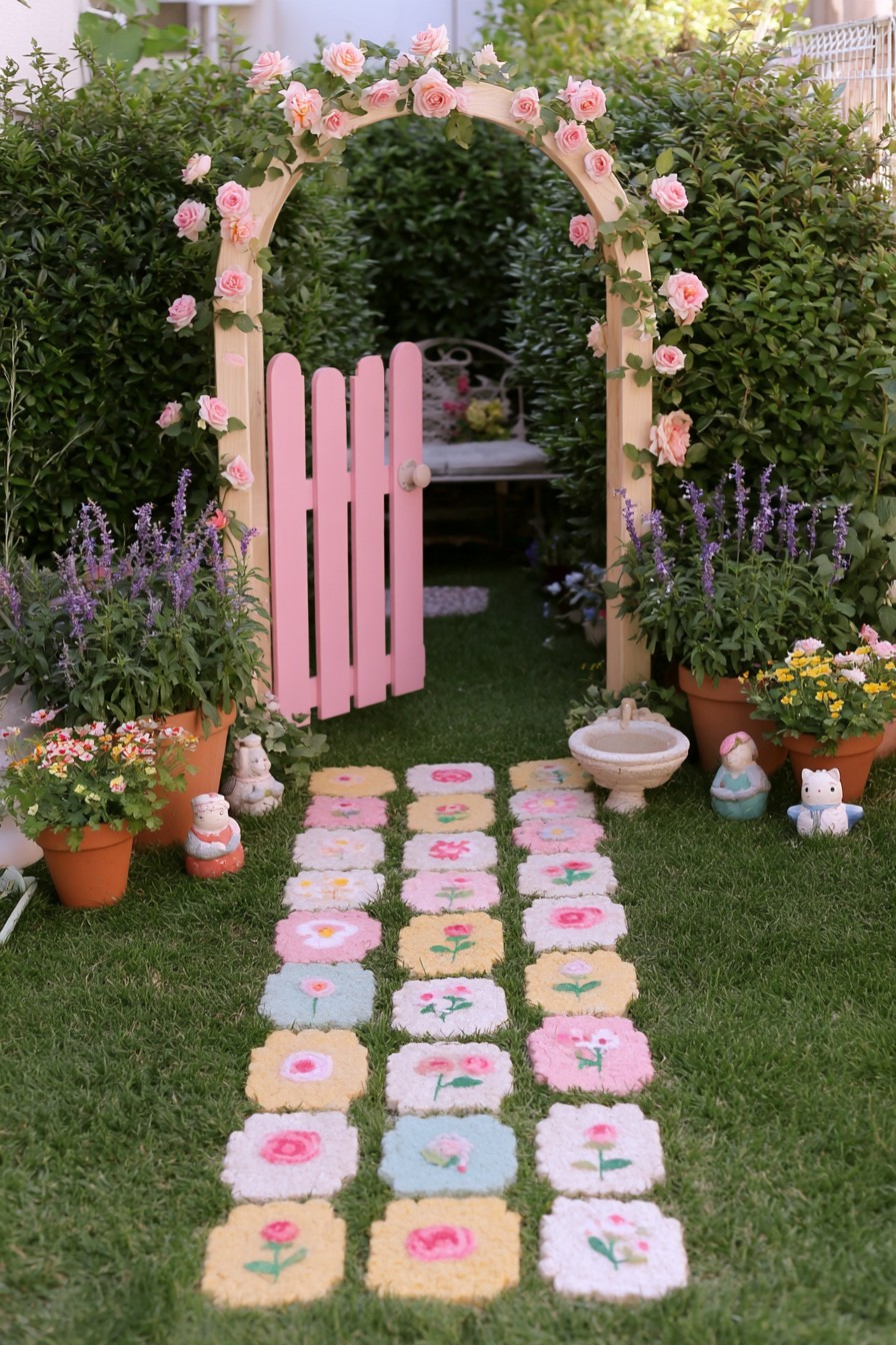 Pink picket gate beneath a flower-covered timber arch with painted square stepping stones