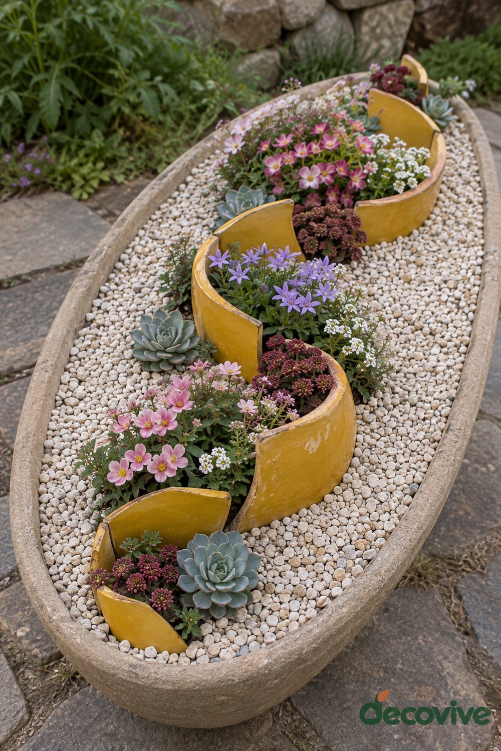 Yellow Pot Waves in an Oval Gravel Planter
