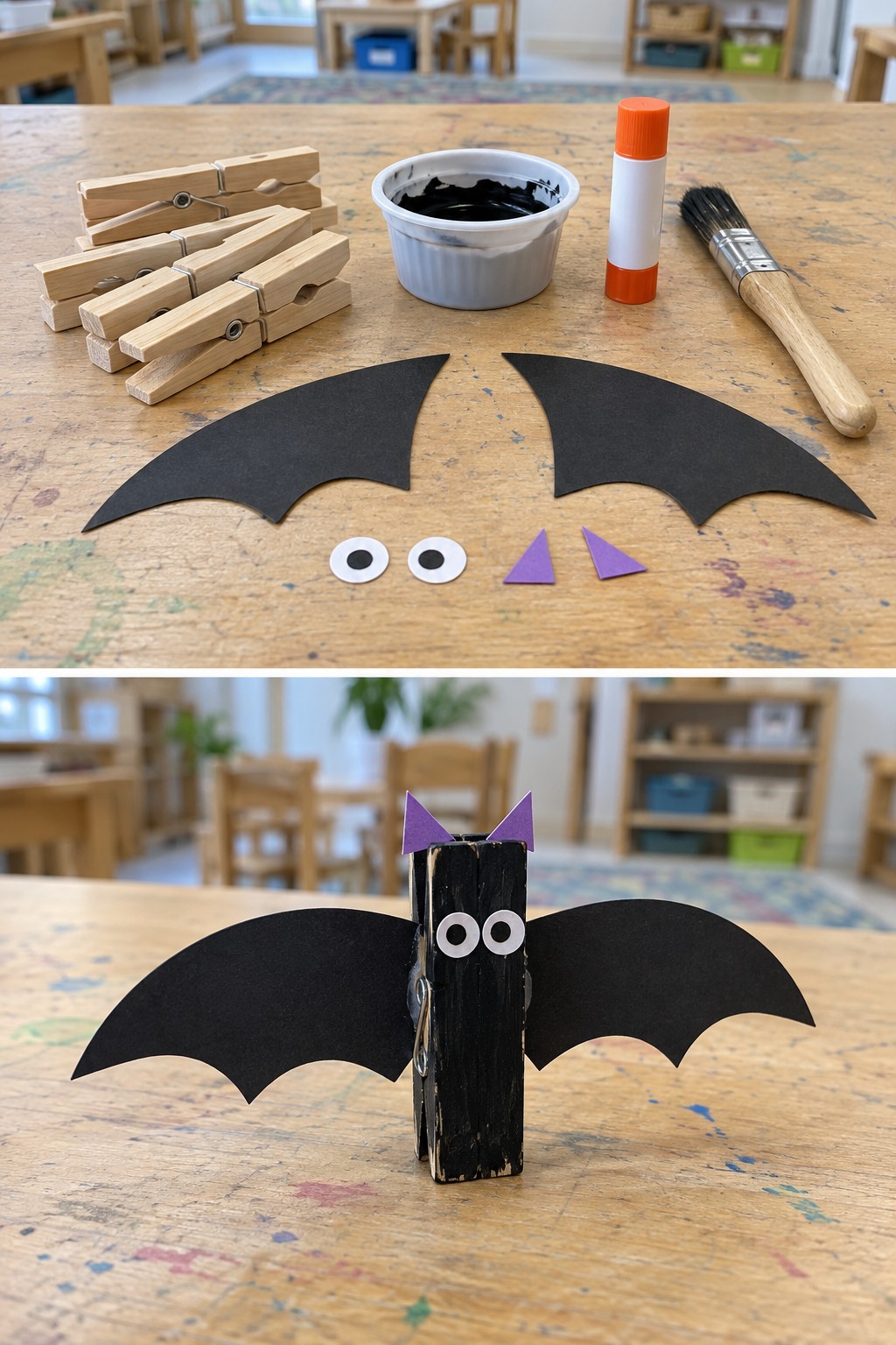 Wooden clips and black wing shapes above a painted clothespin bat with purple ears