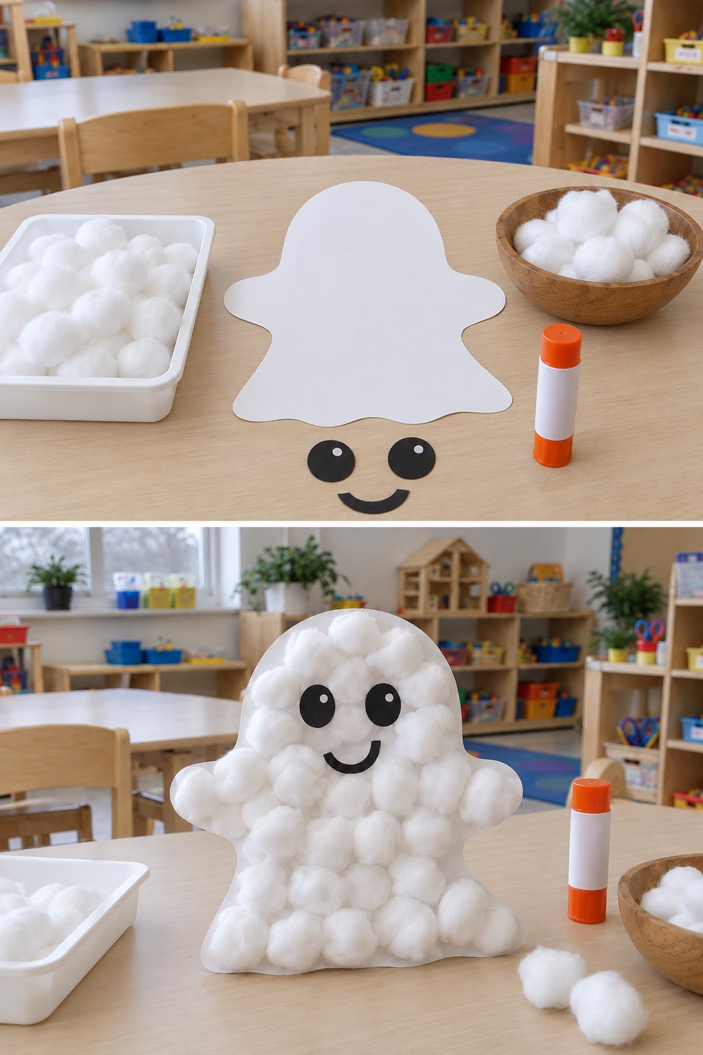 Cotton balls and a white ghost cutout above a cotton-covered ghost with a smiling face