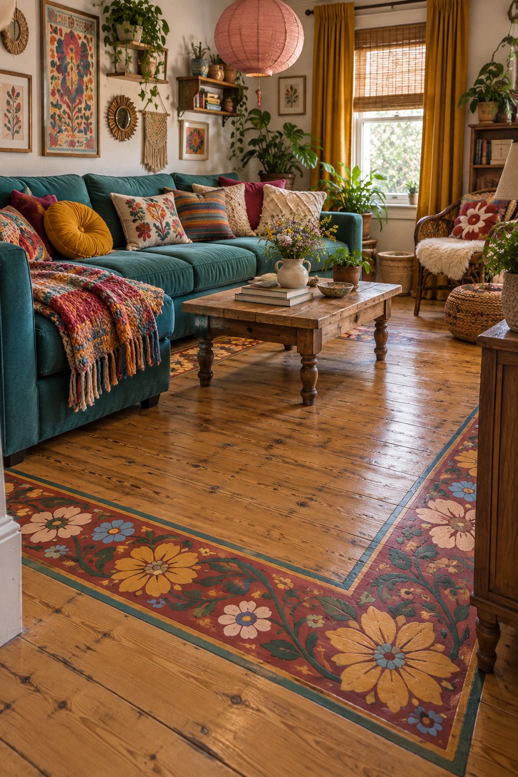 Wide rust red floor border with mustard, cream, blue, and green flowers around an exposed timber center