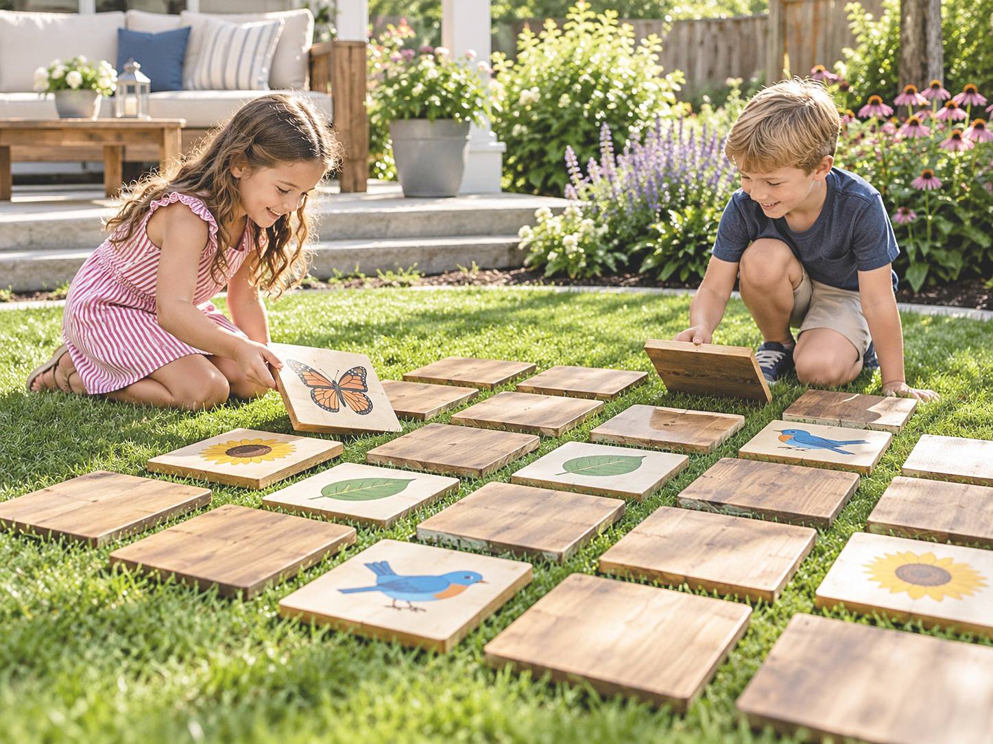 Children turning large butterfly, bird, leaf, and flower picture tiles on the lawn