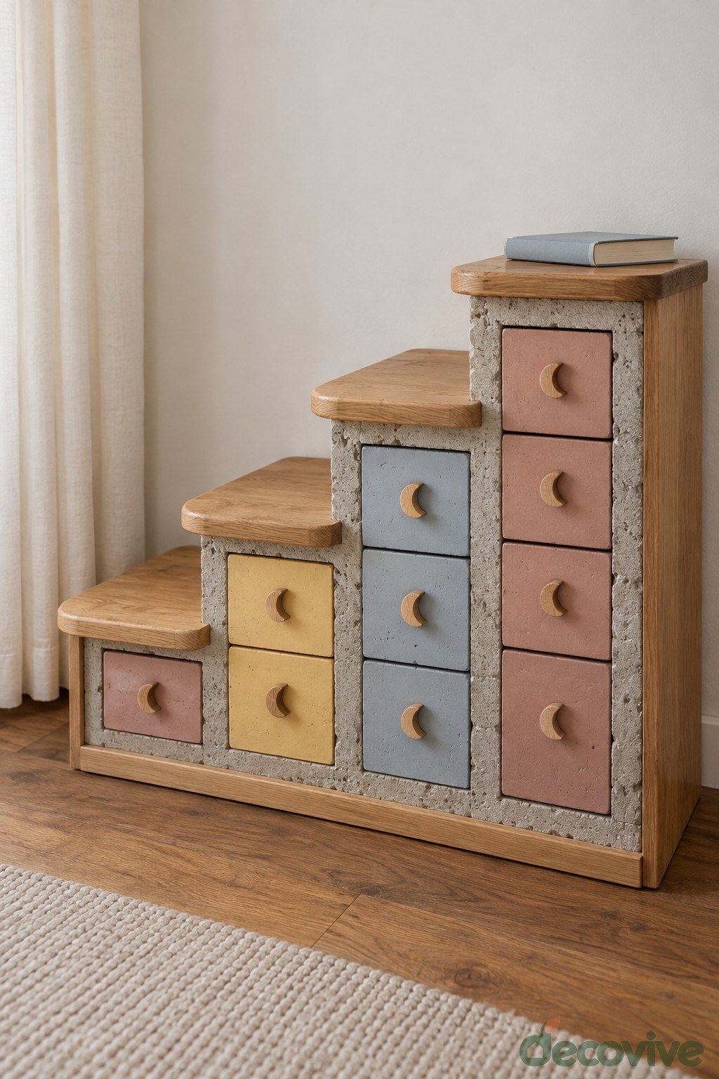 Stepped concrete textured cabinet with pastel wooden drawers and wood caps