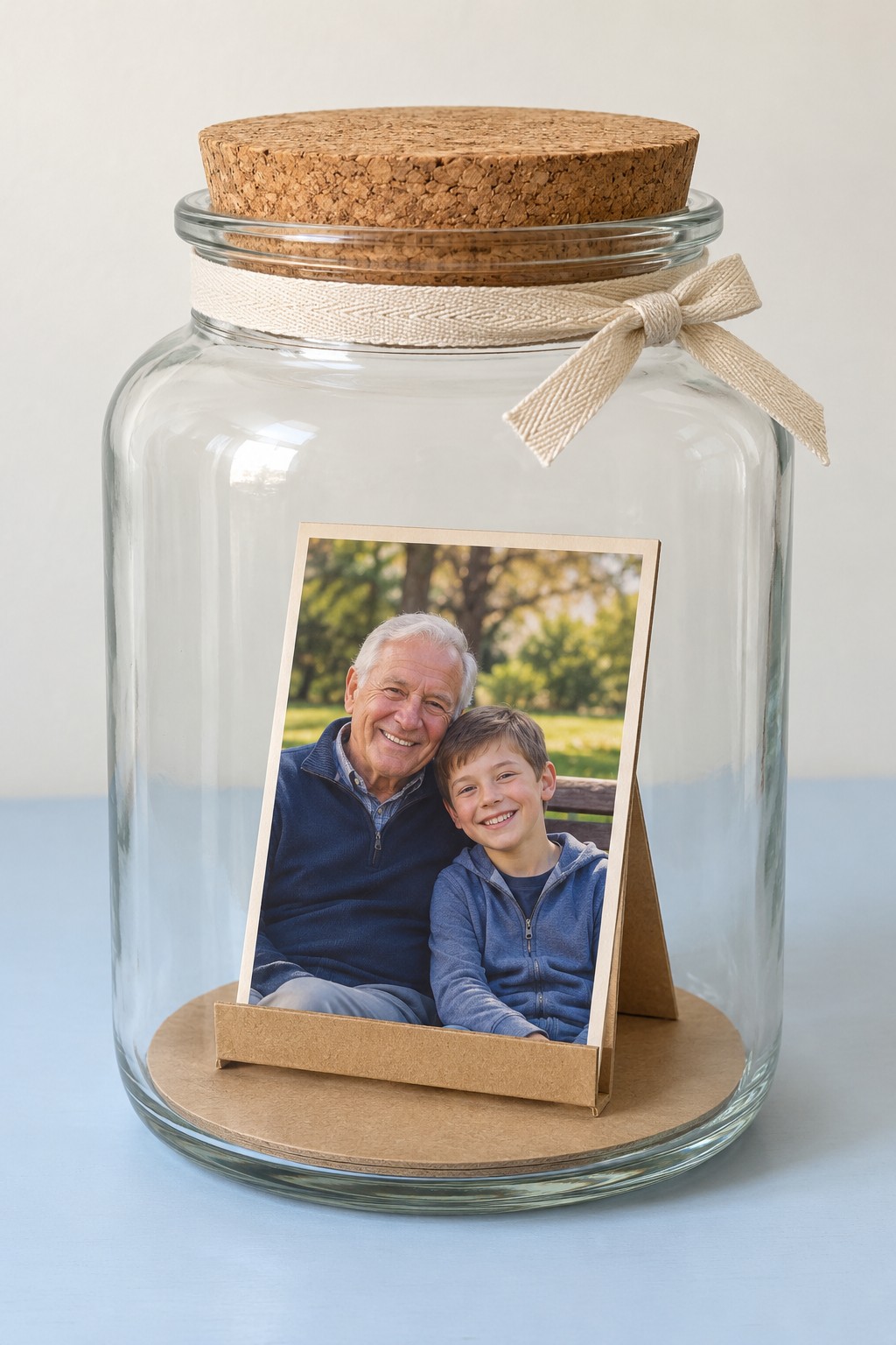 Single family photograph standing on a kraft card support inside a cork topped glass jar