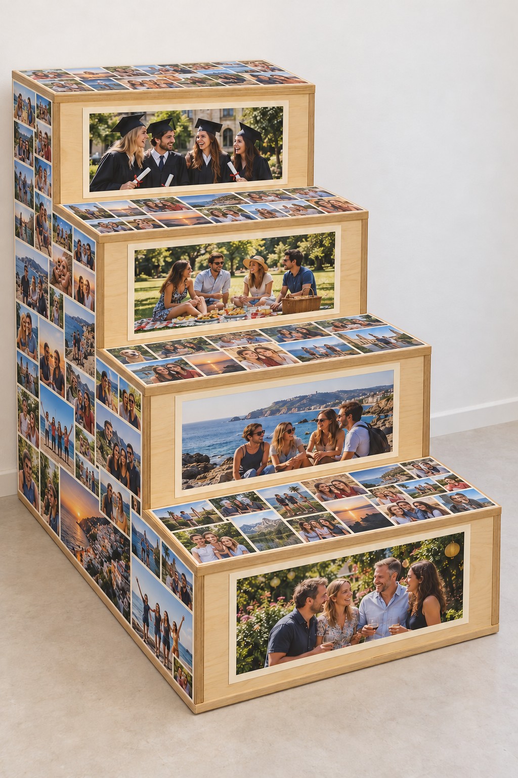 Four stepped wooden display tiers with large front photographs and smaller snapshots on top and sides